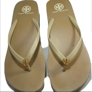 TORI BURCH BEIGE WEDGE FLIP- FLOPS SIZE 9